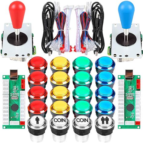 Arcade Kits 2 Player Classic Arcade DIY USB Encoder To PC Joystick Games + 2X 5Pin Rocker + 16X 30mm 5V LED Push Buttons 1 + 2 Players Coin Buttons For Raspberry Pi 1 2 3 3B Mame Fighting Stick