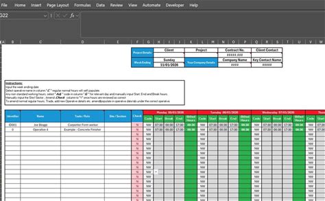 MS Excel Timesheet Template For Construction Projects And Contractors | Simple Weekly Time Tracking Spreadsheet