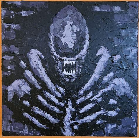 Creepy Alien Xenomorph Acrylic Painting. Hand Made Wall Art.