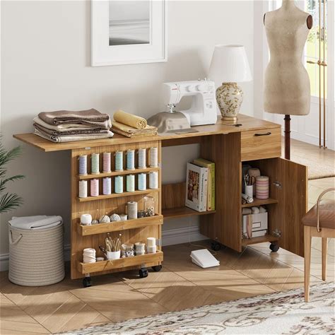 Folding Sewing Machine Table For Entryway, Multi-Functional Craft Cabinet With Storage Shelves, Sliding Drawer, Lockable Wheels,Rolling Organizer Desk