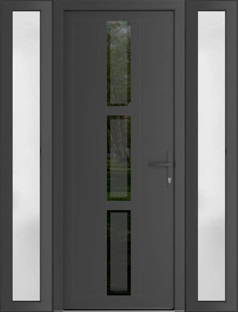 VDOMDOORS Front Exterior Prehung Metal-Plastic Door Frosted Glass | Manux 8112 Antracite Grey | 2 Side Sidelite Transoms | Doors Entrance Patio Garage