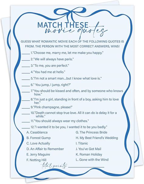Blue Bow Bridal Shower Games For 30 Guests - Match These Movie Quotes, Wedding Games Cards For Bride Groom, Engagement Bridal Shower Party Activities