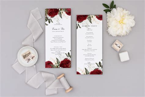 Wedding Program Template Instant Download, Fully Editable With Templett, Red Roses Wedding Program, DIY Printable Program - 00001