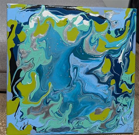 Abstract Acrylic Pour Painting: Blue, Green, Silver Swirls On Canvas