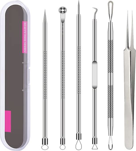 Pimple Popper Tool Kit, 6 Pcs Blackhead Remover Acne Needle Tools Set Removing Treatment Comedone Whitehead Popping Zit For Nose Face Skin Blemish Extractor Tool - Silver
