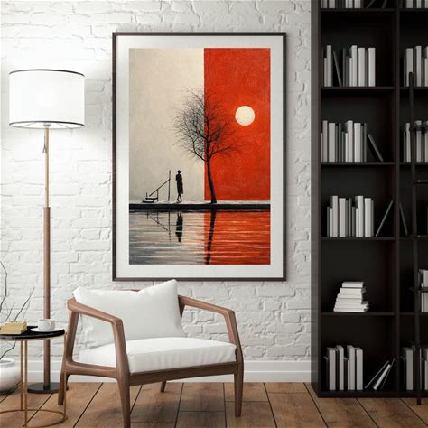 Minimal Red Sun Wallart Print Digital Download, Abstract Tree Reflection Landscape, Modern Calm Solitude Wall Decor Wallart,PNG JPEG Svg PDF