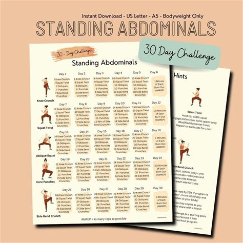 30 Day Standing Abdominals Exercise Challenge, Core, Bodyweight Exercise Plan, Fitness Guide, Summer Body Workout, Instant Download, PDF
