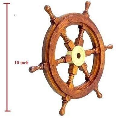 TEEK WOODEN SHIP WHEEL WALL HANGING SHOWPIECE DIAMETER BRASS IN MIDDLE 18 INCH