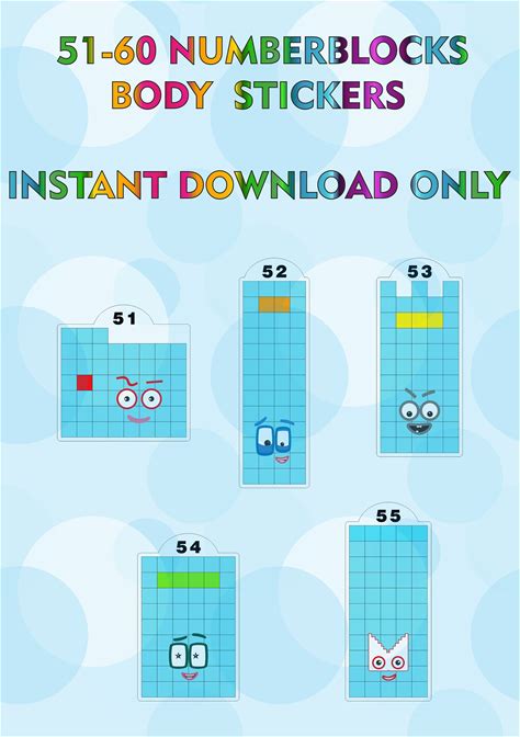 Number Blocks 51-60 Body Stickers / A4 Sticker Printing / Instant Digital Download (JPEG & PDF)