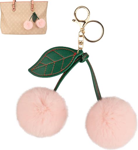 Wellerman Cherry Keychain - Pink Plush Pom Pom Keychain For Women, Cute Bag Charm, Car Key Chain, And Purse Accessory