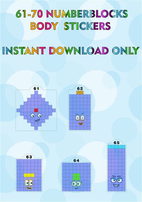 Number Blocks 61-70 Body Stickers / A4 Sticker Printing / Instant Digital Download (JPEG & PDF)