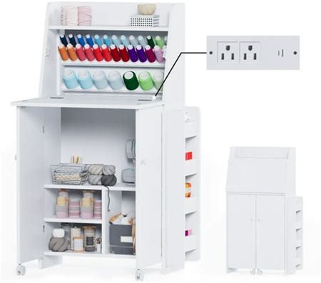 Advwin Sewing Cabinet With Foldable Tabletop Thread Organizer Shelves LED Light & Charging Station Space-Saving Craft Table For Sewing Quilting Sewing