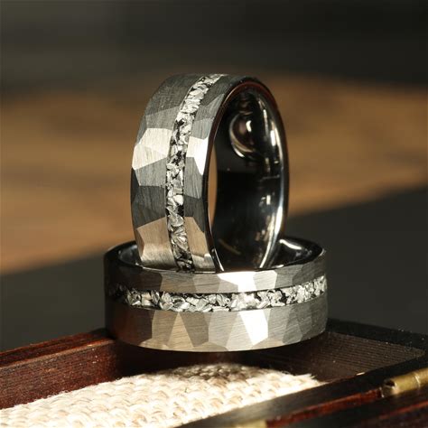 Meteorite Men's Wedding Ring - Silver Tungsten Carbide Band With Muonionalusta Meteorite, 8mm Comfort Fit Hypoallergenic Jewelry Gift