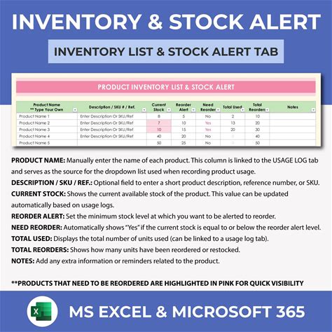 Product Inventory List & Alert Tracker, Stock Inventory Alert Tracker, Product Stock Register, Stock Tracker, Excel 365 Spreadsheet Template