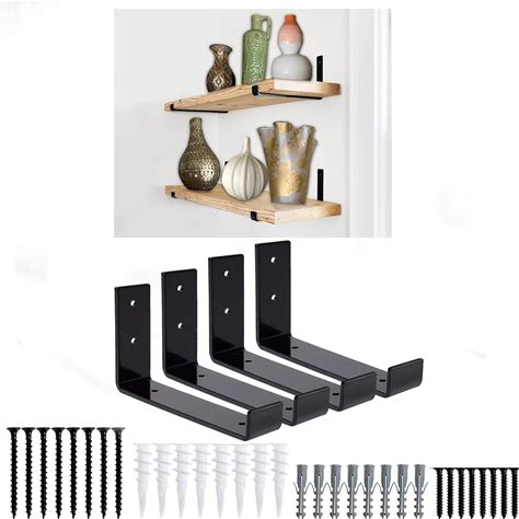 Shelf Brackets 4 Pack Heavy Duty Floating 7.25"L X 6.0"H X 1.5"W Black Metal Shelves Wall Mounted Rustic Iron J Shelf Brackets With Lip For DIY Open Shelving Brackets Pack Of 2