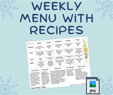Printable Menu With Recipes 12.4 - For Family Or Daycare - Breakfast, Lunch, Snack, Supper