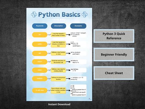 Python Cheat Sheet Poster - Computer Science Basics (Digital Download With PLR)