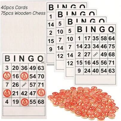 A Fun Bingo Game Set With 40Pcs Classic Bingo Cards And 75Pcs Wooden Chess, Perfect For Holiday Parties, Entertainment, Interaction, And Perfect Holid