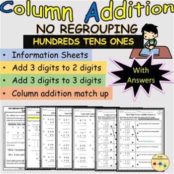 Addition Column Vertical 3 Digits No Regrouping Worksheets Printable Digital