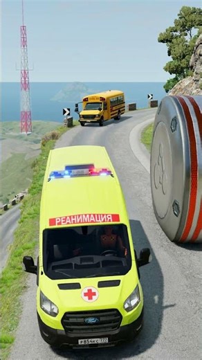 Cars & Ambulance Van vs Giant Pit Bollards Crash - BeamNG.drive