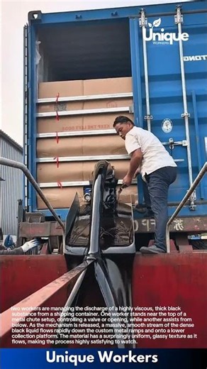 Satisfying Liquid Discharge: Workers Drain Thick Black Liquid from a Shipping Container