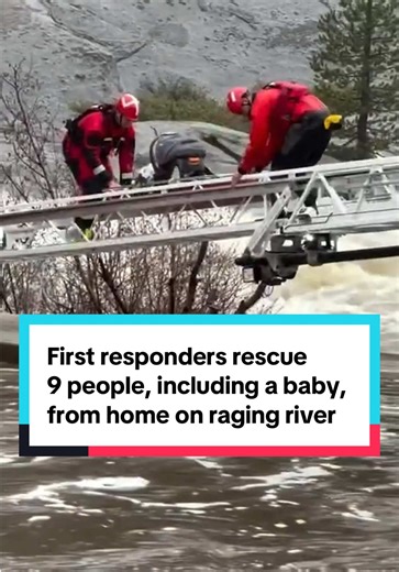 First responders with three different agencies rescued nine occupants of a home on the South Yuba River in Placer County on Sunday after it swelled from heavy rain. Video shows rescuers use a ladder to cautiously slide a baby carrier across the raging river. Up to eight inches of rain fell over parts of Northern California in 72 hours, according to the National Weather Service. #news #California #rain #weather #rescue