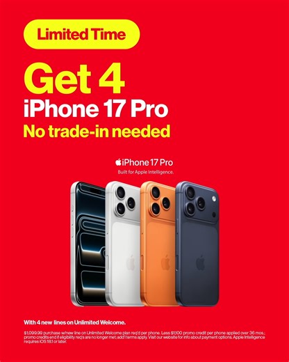 Save on 4 lines with Unlimited Welcome & 4 iPhone 17 Pro. | Verizon
