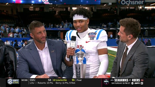 “I feel like it was one of the best quarterback performances that we have seen since the College Football Playoff has been in existence.” Tim Tebow showing love to Trinidad Chambliss 🤝 | SEC Network