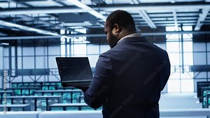 Computer scientist in server farm using laptop to patch network issues leading to slow data transfer rates. IT expert in data center establishment fixing errors affecting supercomputers, camera A