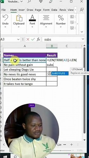 How to Count words in Excel Cells: A combination of LEN, TRIM & SUSBTITUTE Functions.
