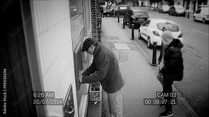 CCTV footage of suspicious males stealing from man at ATM machine Stock Video