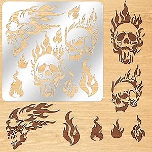 ORIGACH 6x6 inch Metal Skull Stencil Stencil Fire Skull Wood Burning Stencils Template for Wood Carving, Drawings and Pyrography, Engraving and Scrapbooking Project
