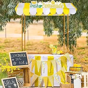 Tioncy 6 Pcs Fresh Lemonade Stand Kits Hut Decor (Without Table) Include Shelf Banner Roof Pennant Table Skirt for Photo Props Outdoor Lemon Themed Party Decor (Desk Is Not Included)