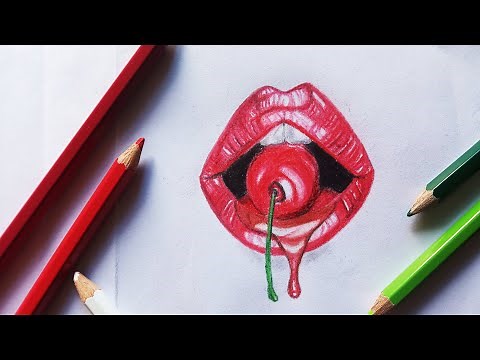 How to draw lips with cherry step by step || realistic lips drawing with colour pencils