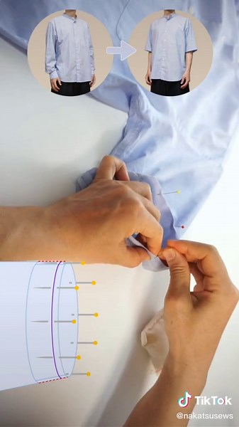 ミシンを使わないで長袖シャツから半袖シャツにお直ししましたI changed from a long-sleeved shirt to a short-sleeved shirt without using a sewing machine.#シャツ #袖 #お直し