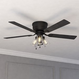 Cromwell 52-in Matte Black Flush Mount Hugger Ceiling Fan with Light Kit, Remote plus Quick Install