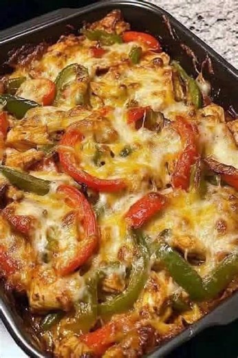 Mediterranean Baked Chicken & Bell Pepper Casserole Ingredients 1 ½ lbs (700 g) boneless skinless chicken breasts or thighs, cut into bite-sized pieces 3 bell peppers (red, yellow, and green), sliced 1 red onion, sliced 1 cup cherry tomatoes, halved 3 tbsp olive oil 2 cloves garlic, minced 1 tsp dried oregano 1 tsp dried basil ½ tsp paprika ½ tsp chili flakes (optional for heat) Salt and black pepper, to taste ½ cup crumbled feta cheese 2 tbsp fresh parsley or basil, chopped (for garnish) Option