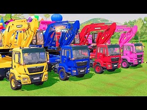 Quadruple Trucks Transporting cars with Flatbed Trailers! Cars vs Speedbump vs Train vs Pothole #122