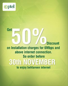 PTCL 6 brings unlimited downloads, free iflix, Smart TV and Smart TV app; all in one Behtareen Internet Offer for just Rs. 2100/Month Get 6Mbps and above internet connection before 30th November to avail 50% discount on installation charges. For more information, call 1218 or visit our website http://bit.ly/PTCL6MbpsOffer | PTCL