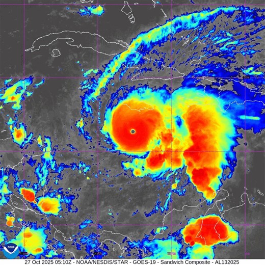 Air Force Reserve Hurricane Hunter aircraft measured flight-level winds of 154 knots and confirmed a central pressure of 917 mb inside Melissa’s eye — signs of an extremely powerful storm. The hurricane’s eye is just 10 nautical miles wide and surrounded by cloud tops colder than –86 °C, evidence of deep convection and explosive intensification. Melissa is expected to gradually turn northwest and then north before accelerating northeastward across southeastern Cuba and the Bahamas by midweek. Th