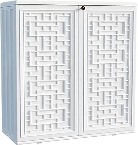 Indoor Outdoor Storage Cabinet Waterproof with Shelf, Off White Plastic Outdoor Cabinets for Patio/Garden/Backyard, Size 34.3''L*15''W*36.2''H
