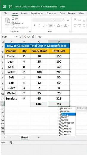 How to Calculate Total Cost Use SUM function in Excel || Excel Tips & Trick || #excel #shorts