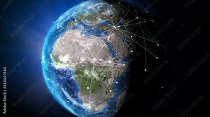 3D Rendering globe with network line spinning and orbit in the universe with lighting effect and dark grain processed world map image source from NASA