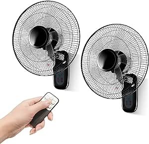 Aotop 16 inch Wall Mount Fan with Remote Control - 2 Pack, 3-Speed and 3 Modes, Timer Function, Adjustable Head, Oscillating Fan for Home and Office - Black