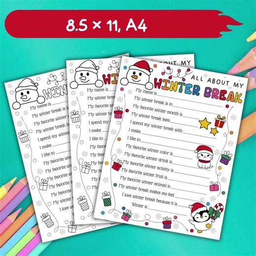 All About My Winter Break Worksheet | Coloring   Mini Questionnaire | Kids Holiday Activity | Printable PDF - Etsy