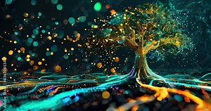 Digital tree with leaves of data points and binary roots, representing the evolution of knowledge in the data era. Big data visualization