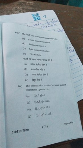 (viii) The Pauli spin matrices are associated with: (a) Orbital... | Filo