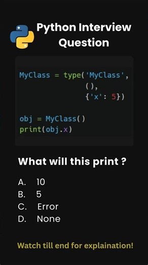 Day 43 | Python Interview Questions | Creating Classes with type() Explained 🔥 #python #shorts