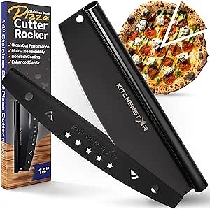 KitchenStar 14-Inch Pizza Cutter Rocker Blade - Sharp Stainless Steel Slicer Knife, Protective Cover, Black Nonstick, Large - Professional Pizza Oven Accessories