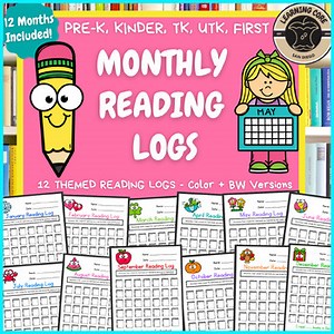 Monthly Reading Logs for PreK, Kindergarten, TK, UTK, First, Preschool